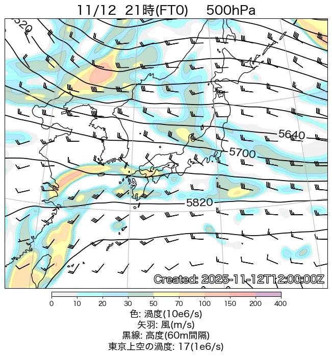 2025年11月12日の日本周辺の500hPa天気図（21時）