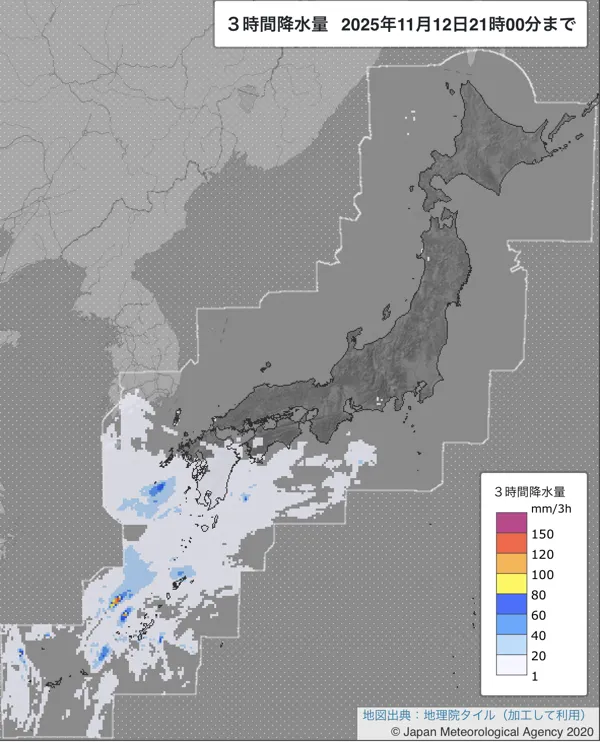 2025年11月12日18〜21時の日本周辺の3時間解析降水量
