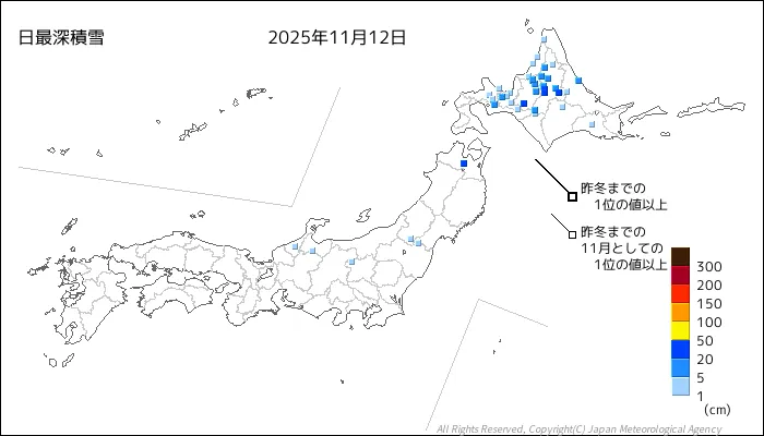 日本のアメダス最大積雪量の図