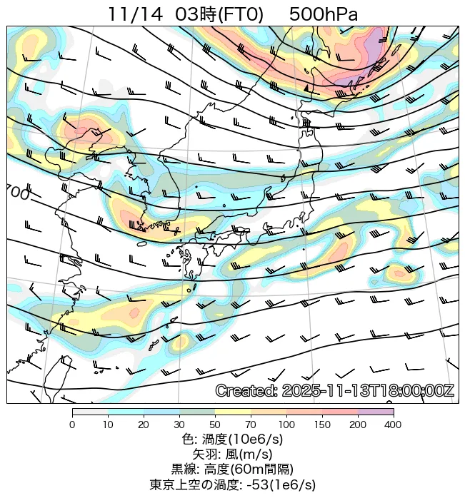 2025年11月14日の日本周辺の500hPa天気図（3時）