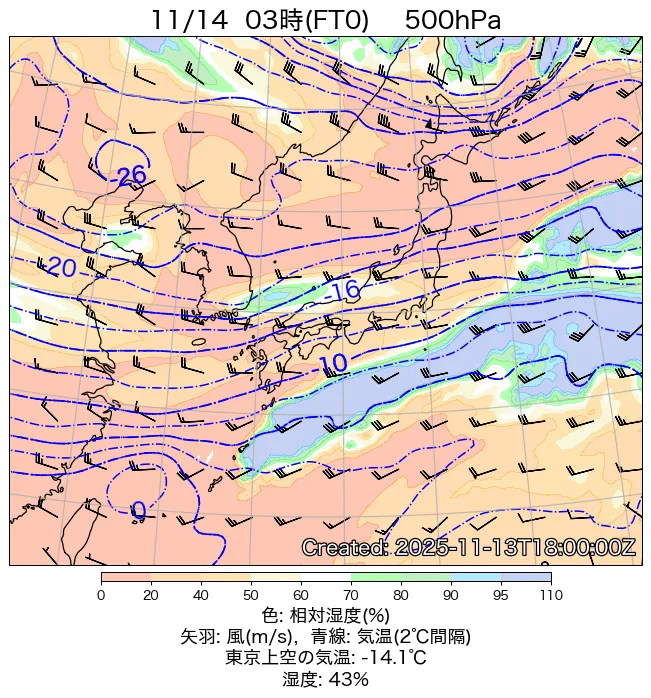 2025年11月14日の日本周辺の500hPa天気図（3時）