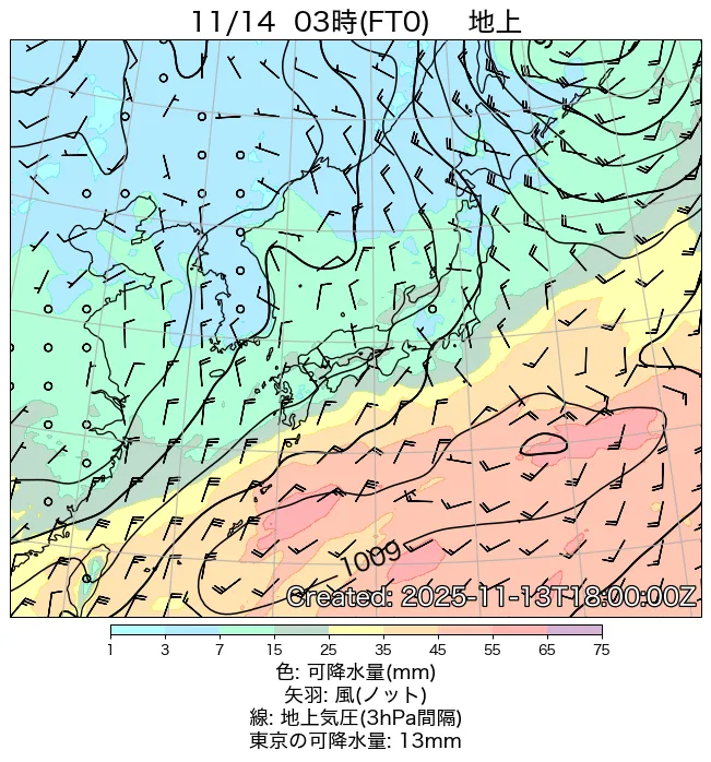 2025年11月14日の日本周辺の地上天気図（3時）