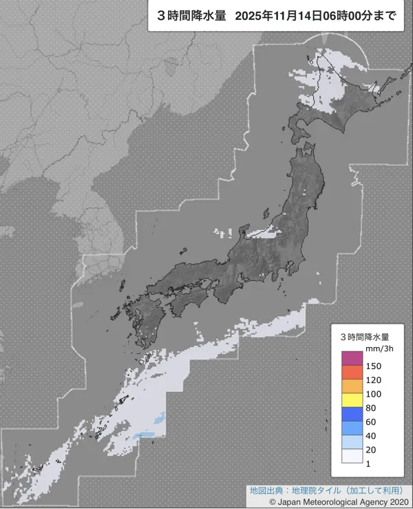 2025年11月14日3〜6時の日本周辺の3時間解析降水量