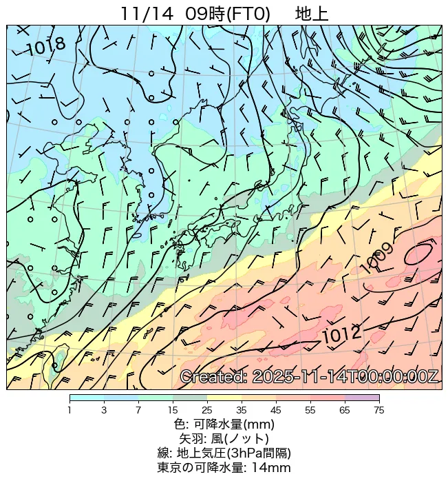 2025年11月14日の日本周辺の地上天気図（9時）