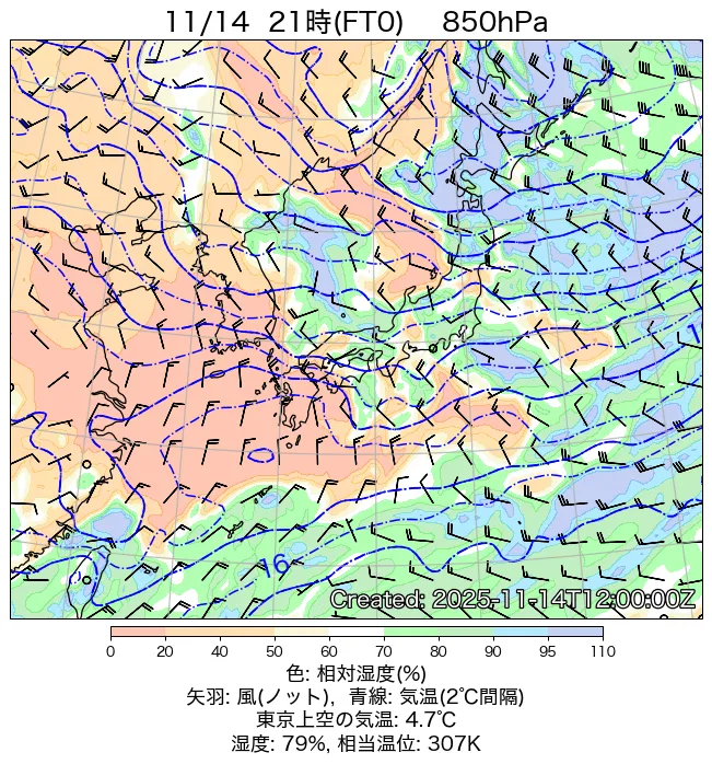 2025年11月14日の日本周辺の850hPa天気図（21時）