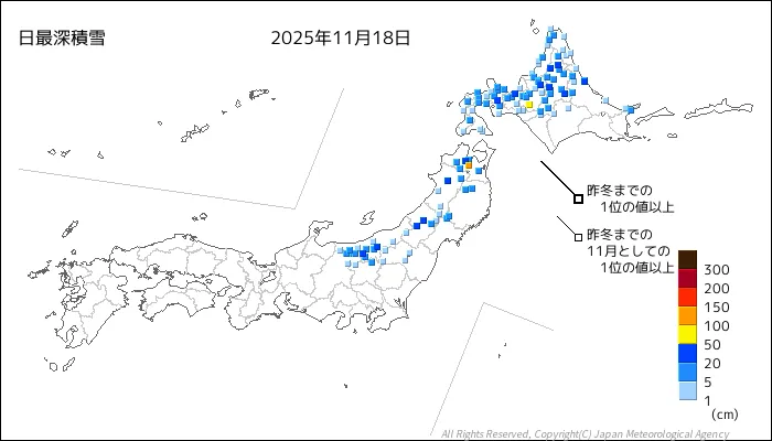 日本のアメダス最大積雪量の図