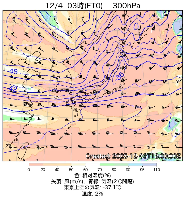2025年12月4日の日本周辺の300hPa天気図（3時）