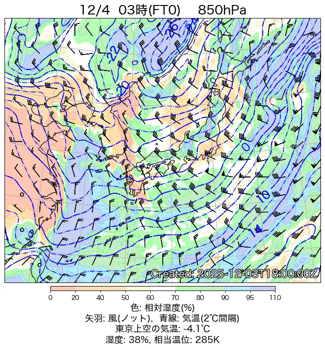 2025年12月4日の日本周辺の850hPa天気図（3時）