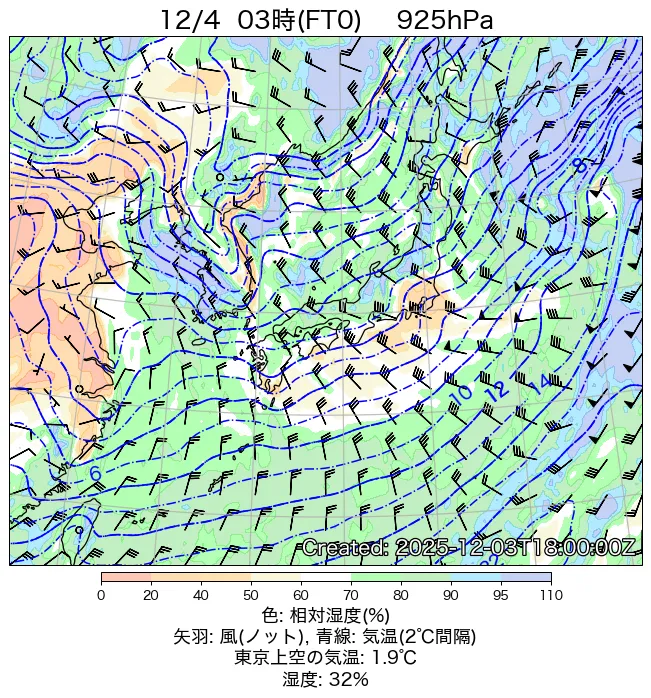 2025年12月4日の日本周辺の925hPa天気図（3時）
