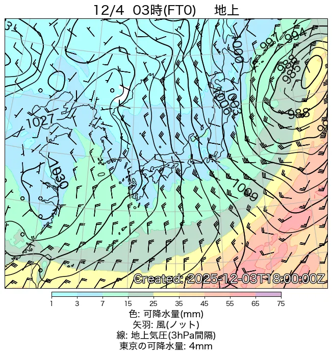 2025年12月4日の日本周辺の地上天気図（3時）