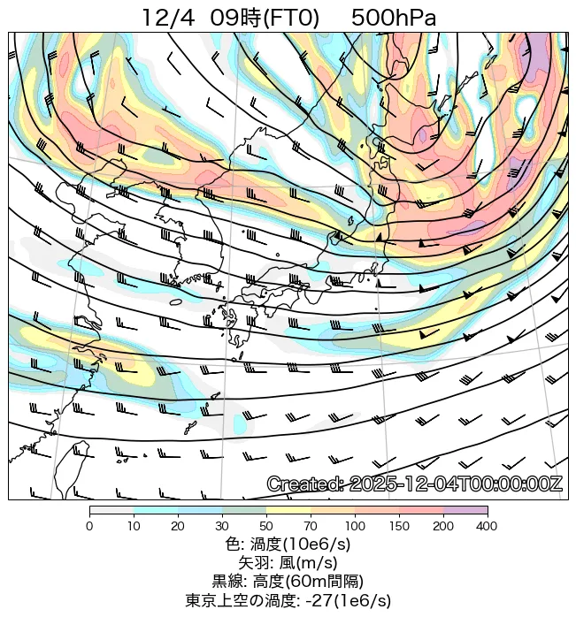 2025年12月4日の日本周辺の500hPa天気図（9時）