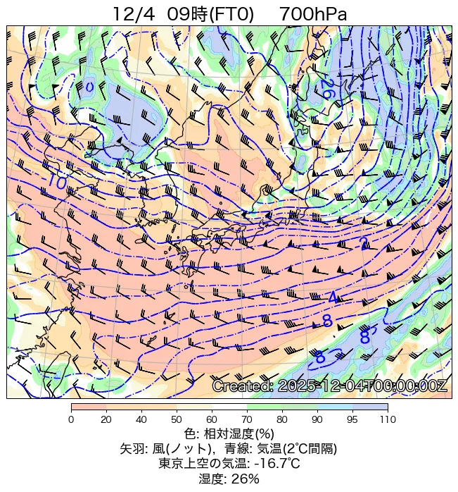 2025年12月4日の日本周辺の700hPa天気図（9時）
