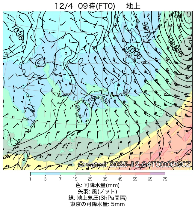 2025年12月4日の日本周辺の地上天気図（9時）