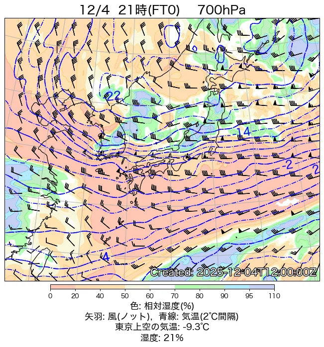 2025年12月4日の日本周辺の700hPa天気図（21時）