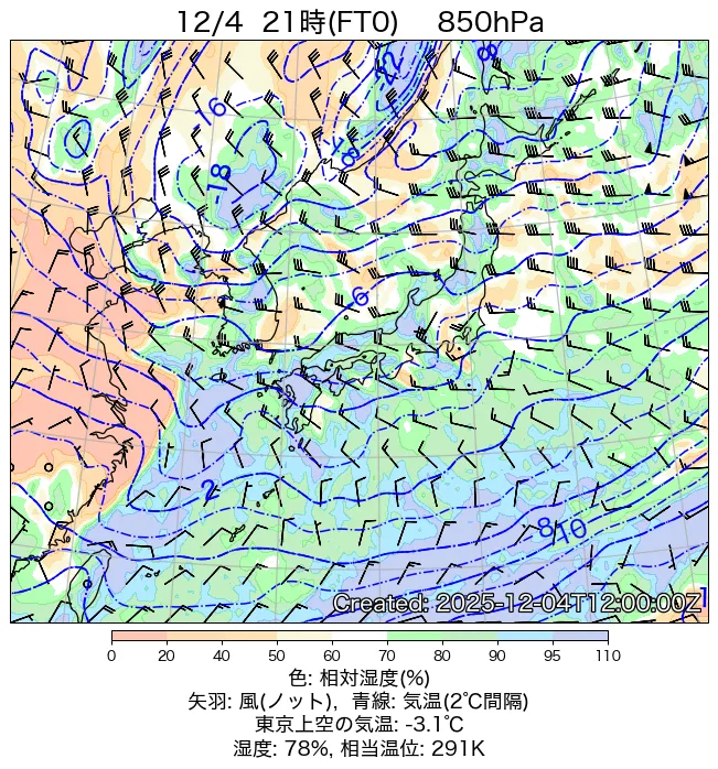 2025年12月4日の日本周辺の850hPa天気図（21時）