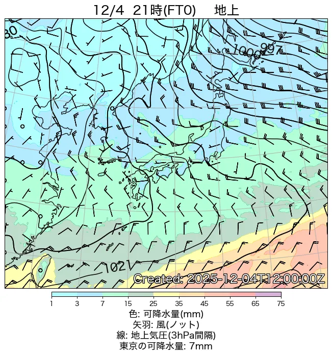 2025年12月4日の日本周辺の地上天気図（21時）