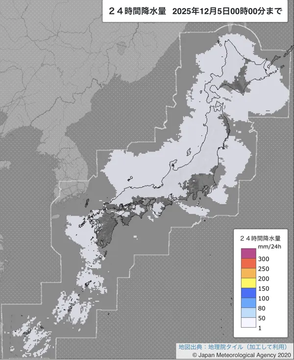 2025年12月4日の日本周辺の日解析雨量の図