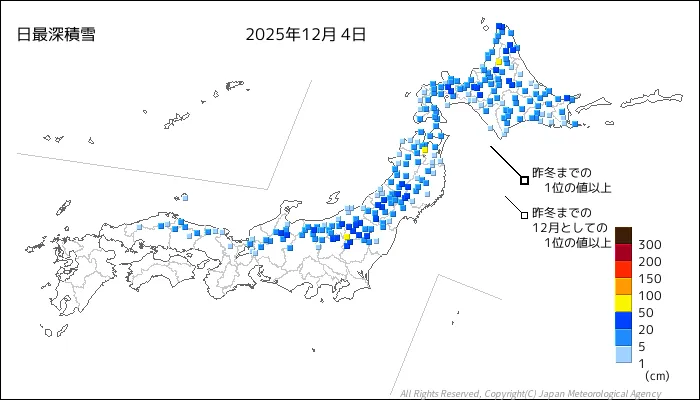 日本のアメダス最大積雪量の図