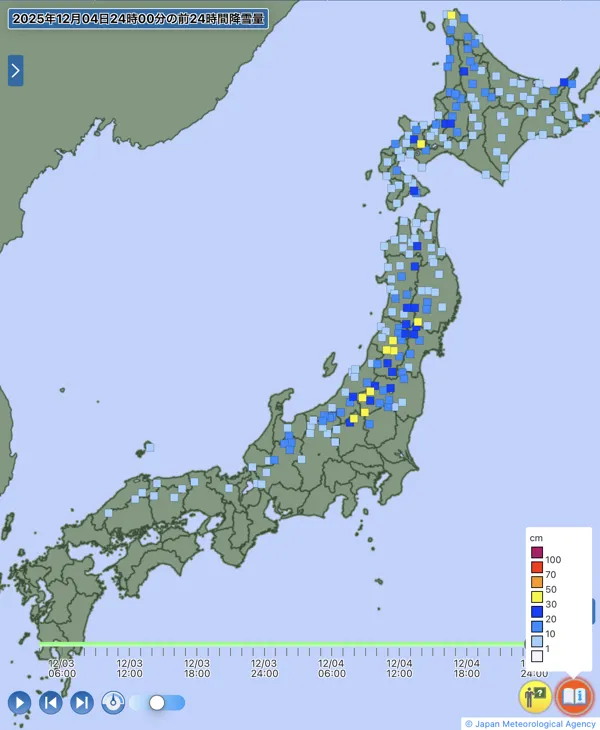 日本のアメダス日降雪量の図