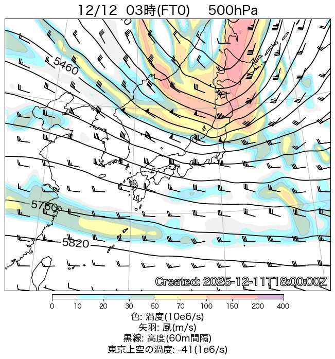 2025年12月12日の日本周辺の500hPa天気図（3時）