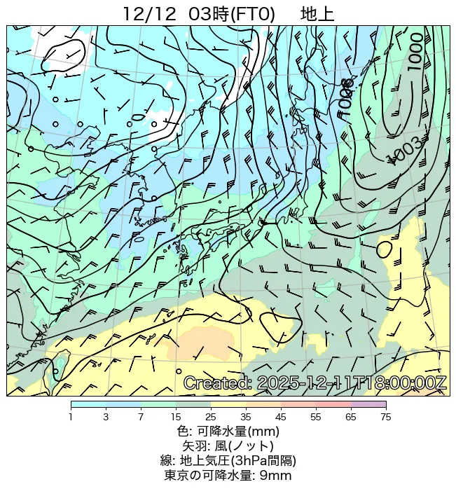 2025年12月12日の日本周辺の地上天気図（3時）