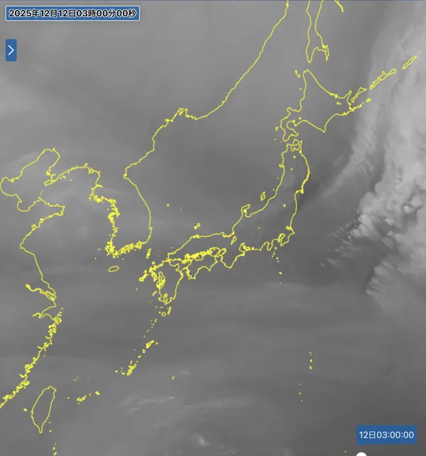 2025年12月12日3時の日本周辺の衛星水蒸気画像