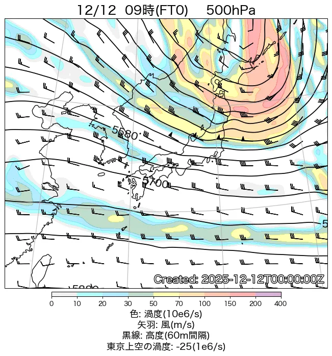 2025年12月12日の日本周辺の500hPa天気図（9時）