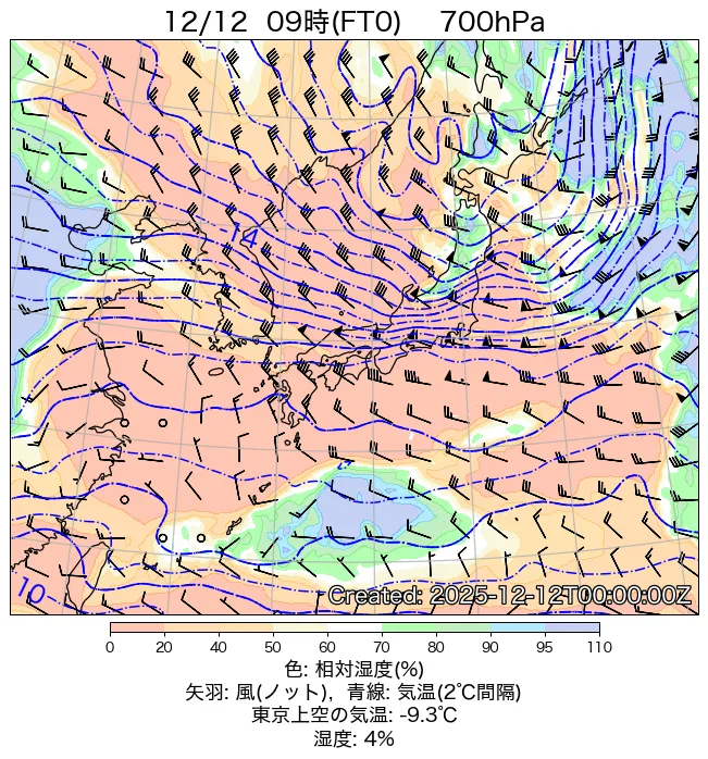2025年12月12日の日本周辺の700hPa天気図（9時）