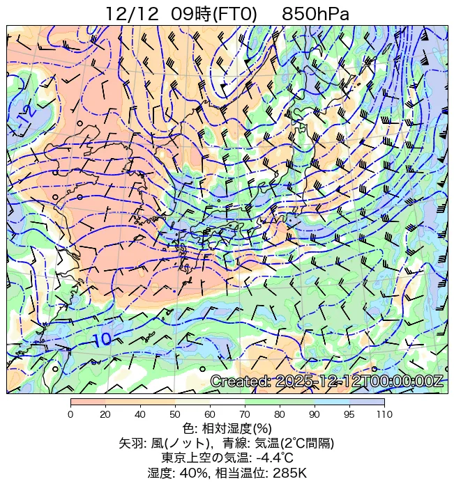 2025年12月12日の日本周辺の850hPa天気図（9時）