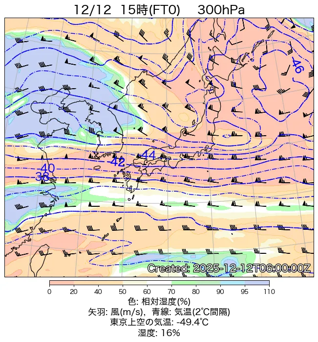 2025年12月12日の日本周辺の300hPa天気図（15時）