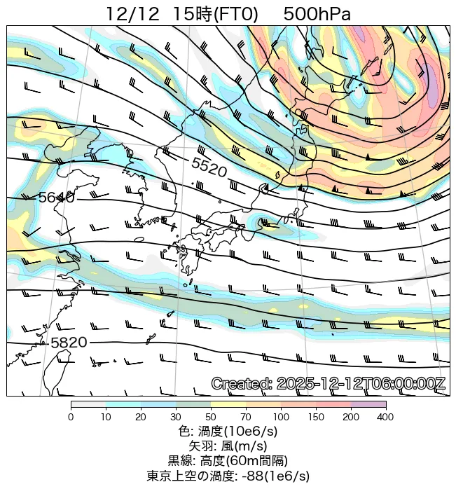 2025年12月12日の日本周辺の500hPa天気図（15時）