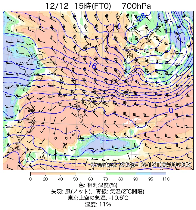 2025年12月12日の日本周辺の700hPa天気図（15時）