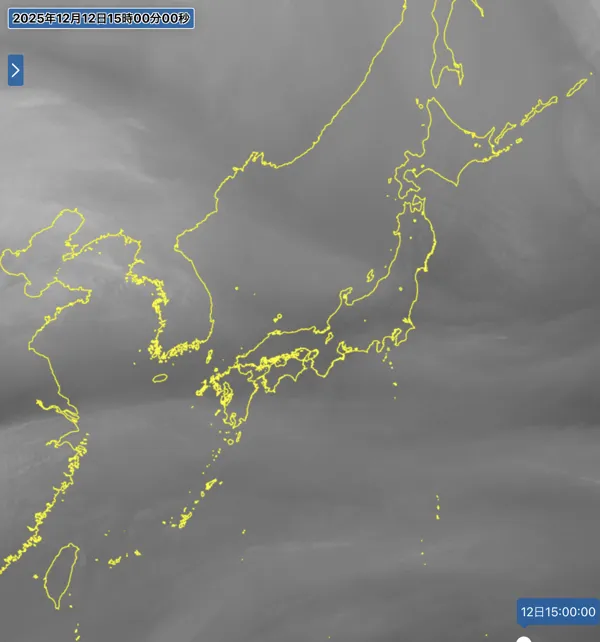 2025年12月12日15時の日本周辺の衛星水蒸気画像
