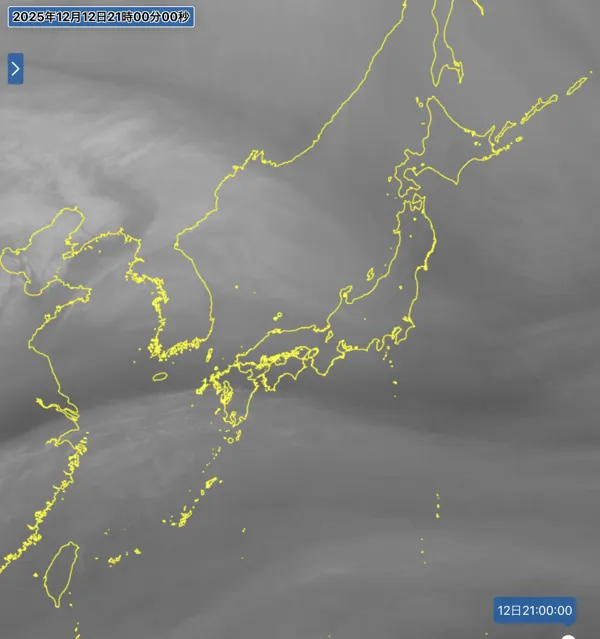 2025年12月12日21時の日本周辺の衛星水蒸気画像