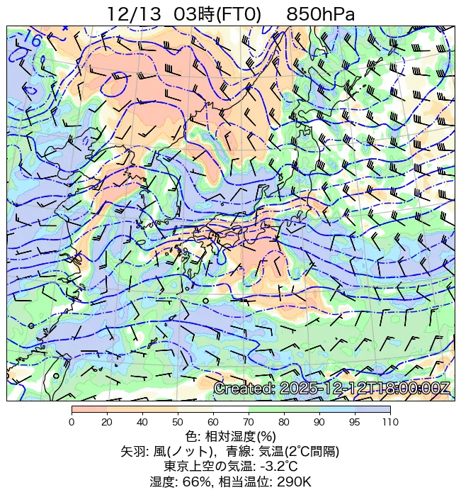 2025年12月13日の日本周辺の850hPa天気図（3時）