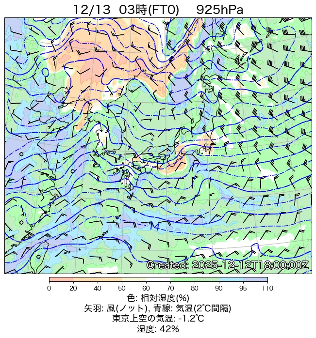 2025年12月13日の日本周辺の925hPa天気図（3時）