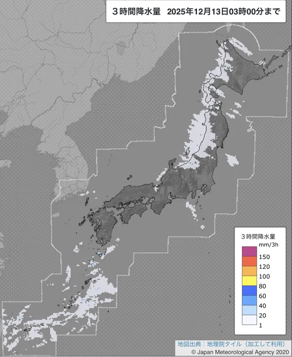 2025年12月13日0〜3時の日本周辺の3時間解析降水量