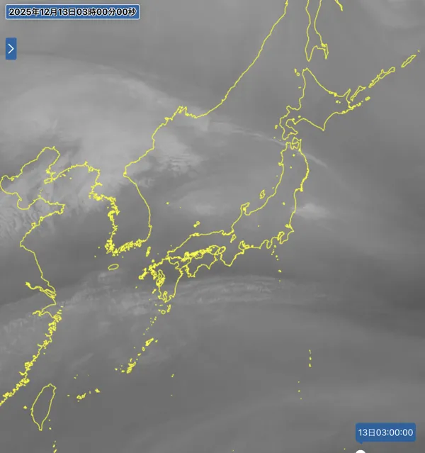 2025年12月13日3時の日本周辺の衛星水蒸気画像