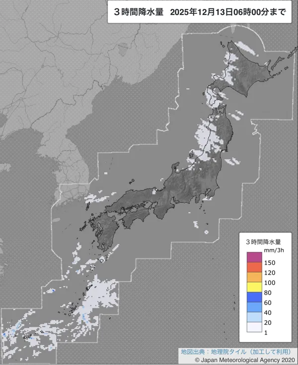 2025年12月13日3〜6時の日本周辺の3時間解析降水量