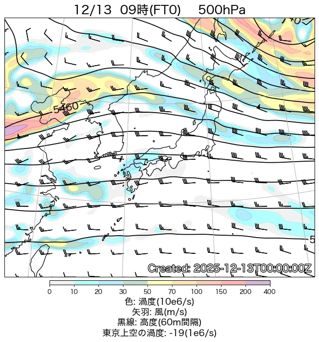 2025年12月13日の日本周辺の500hPa天気図（9時）