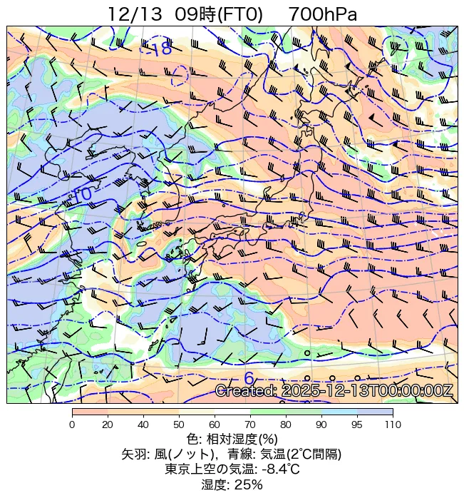2025年12月13日の日本周辺の700hPa天気図（9時）