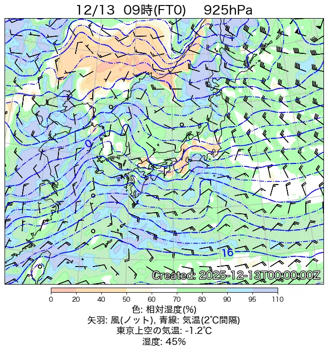 2025年12月13日の日本周辺の925hPa天気図（9時）