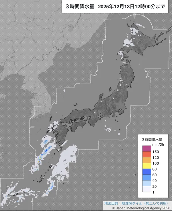 2025年12月13日9〜12時の日本周辺の3時間解析降水量