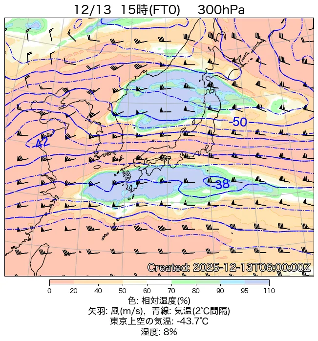 2025年12月13日の日本周辺の300hPa天気図（15時）