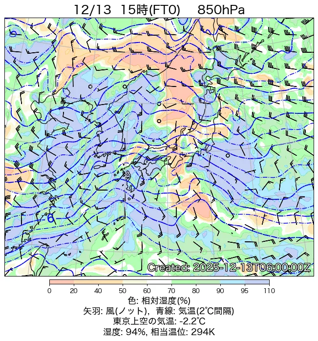 2025年12月13日の日本周辺の850hPa天気図（15時）