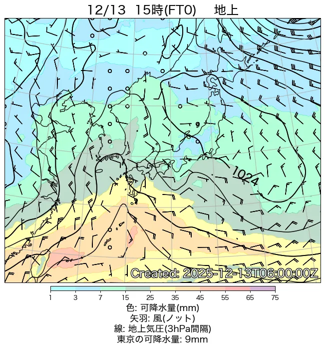 2025年12月13日の日本周辺の地上天気図（15時）