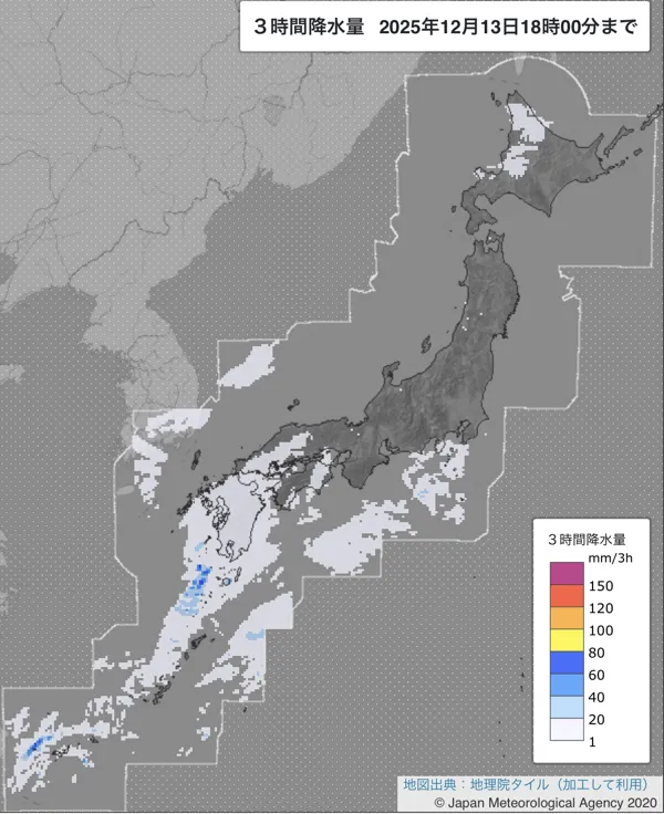 2025年12月13日15〜18時の日本周辺の3時間解析降水量