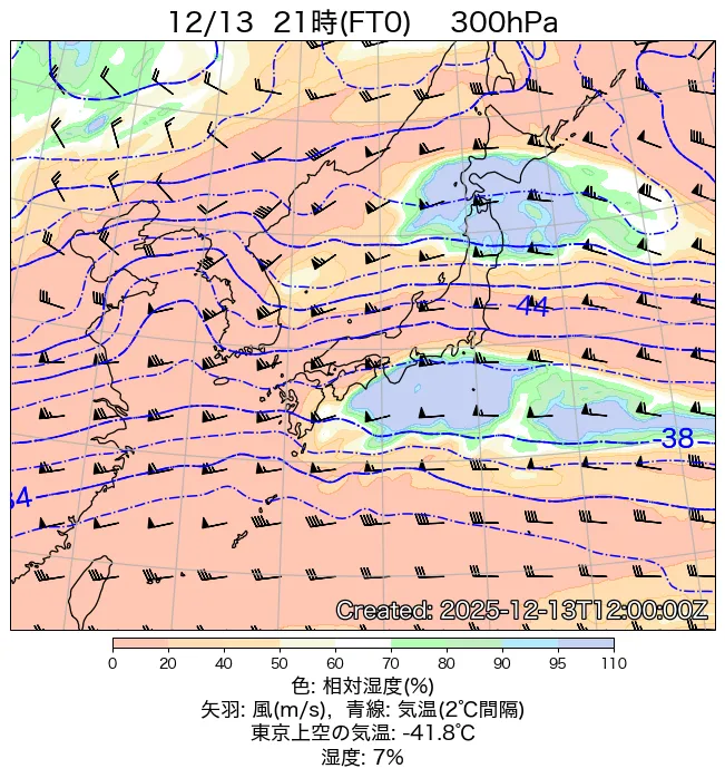 2025年12月13日の日本周辺の300hPa天気図（21時）