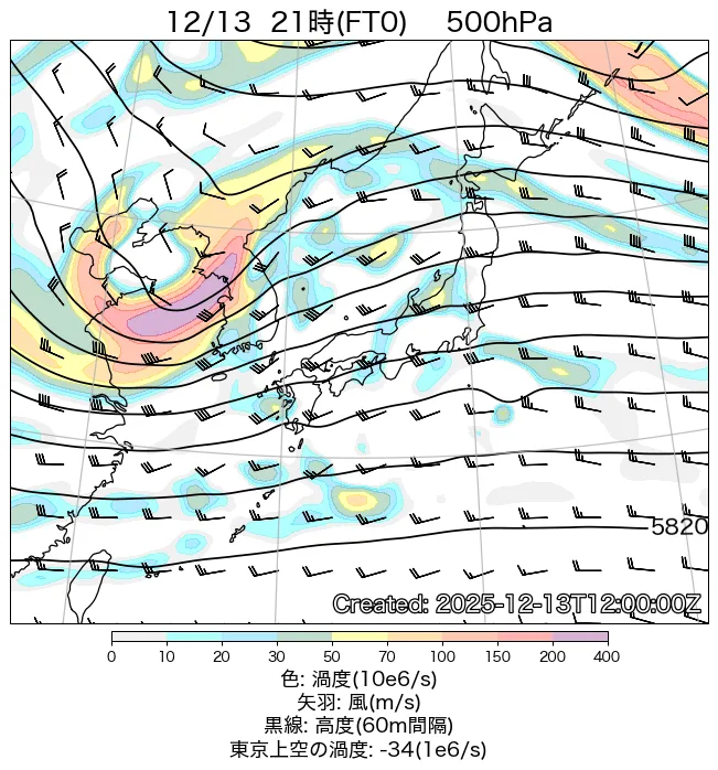 2025年12月13日の日本周辺の500hPa天気図（21時）