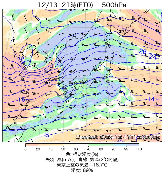 2025年12月13日の日本周辺の500hPa天気図（21時）